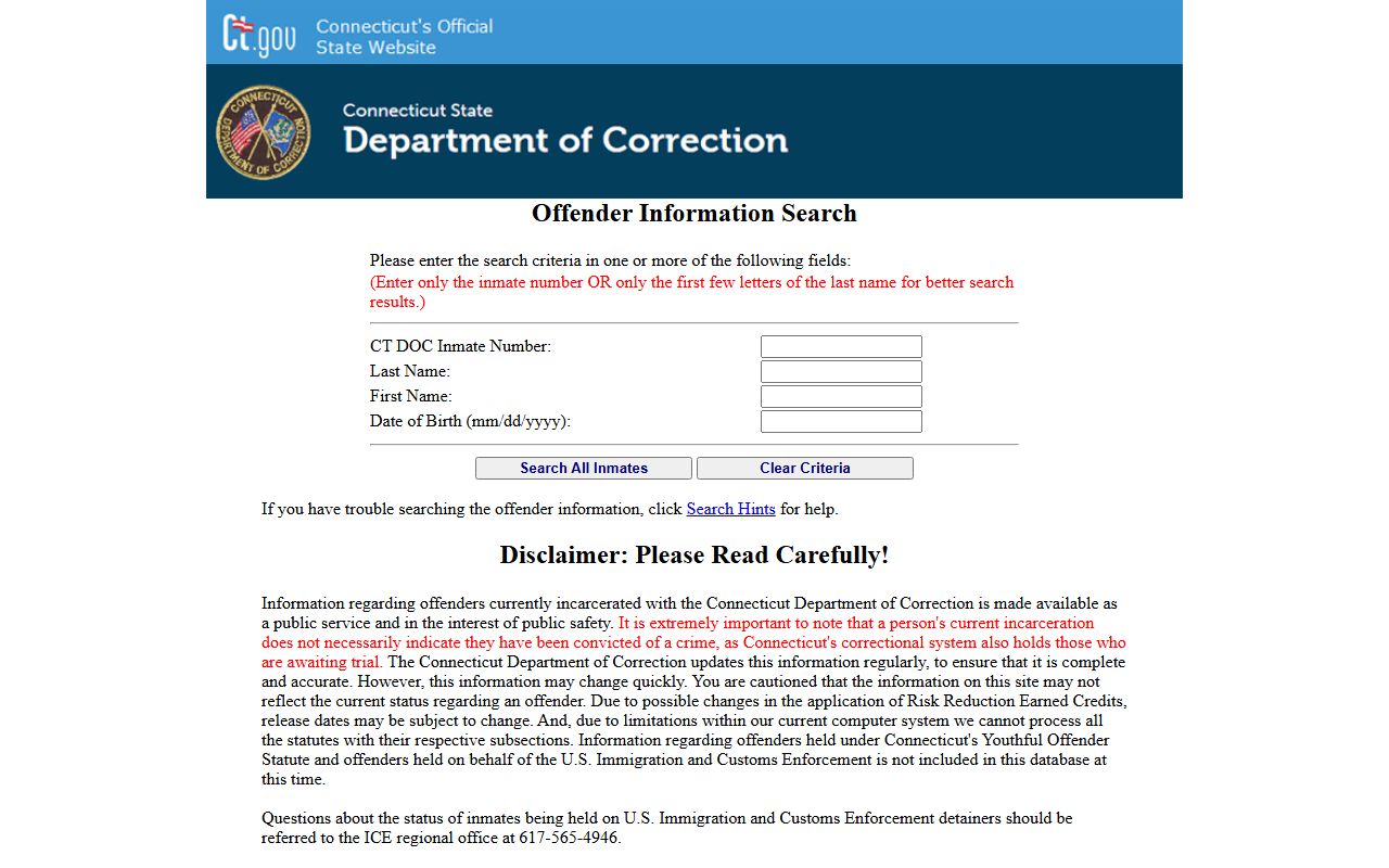 Connecticut DOC Inmate Information Search used for Hartford County inmate records and jail roster lookups