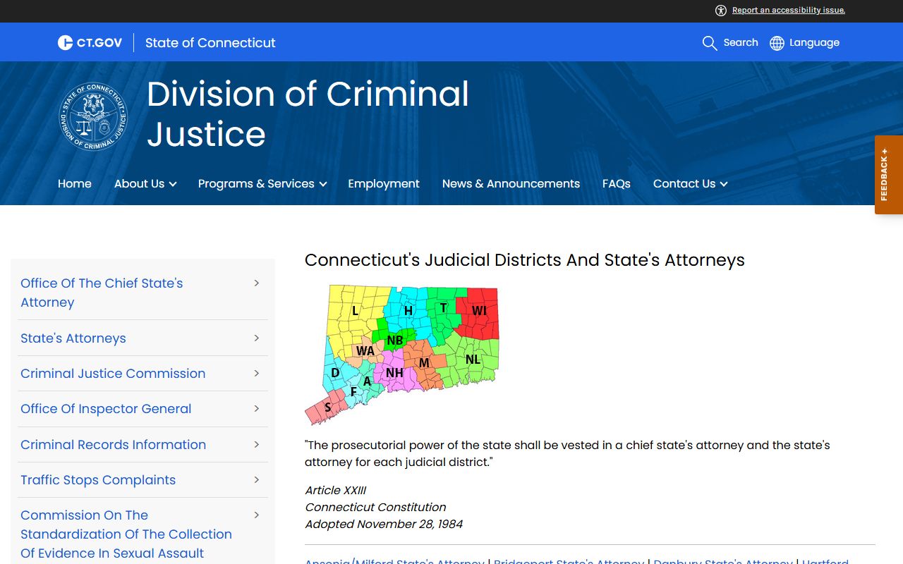 Connecticut DCJ judicial districts and state's attorneys page covering Hartford County court charges after arrest