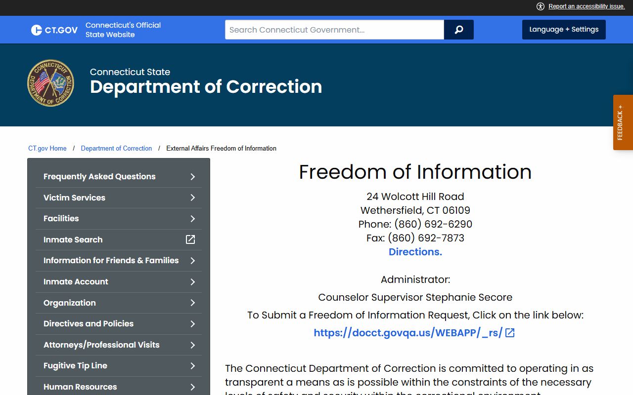 Connecticut DOC Freedom of Information office page used for Hartford County jail booking photo and record requests
