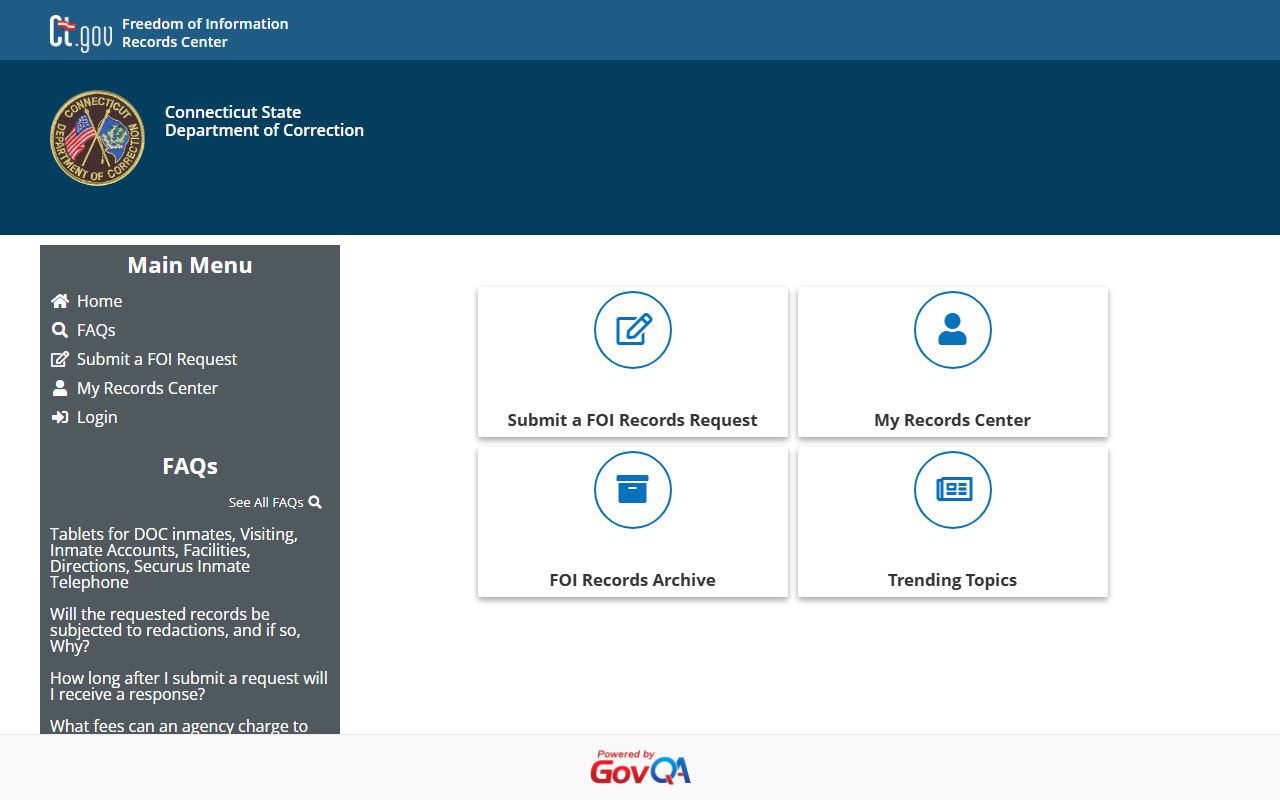 Connecticut DOC GovQA online public-records request portal for Hartford County booking photo requests