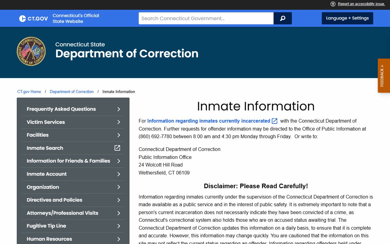 Connecticut DOC inmate information disclaimer and Public Information Office fallback for Hartford County inmate status questions