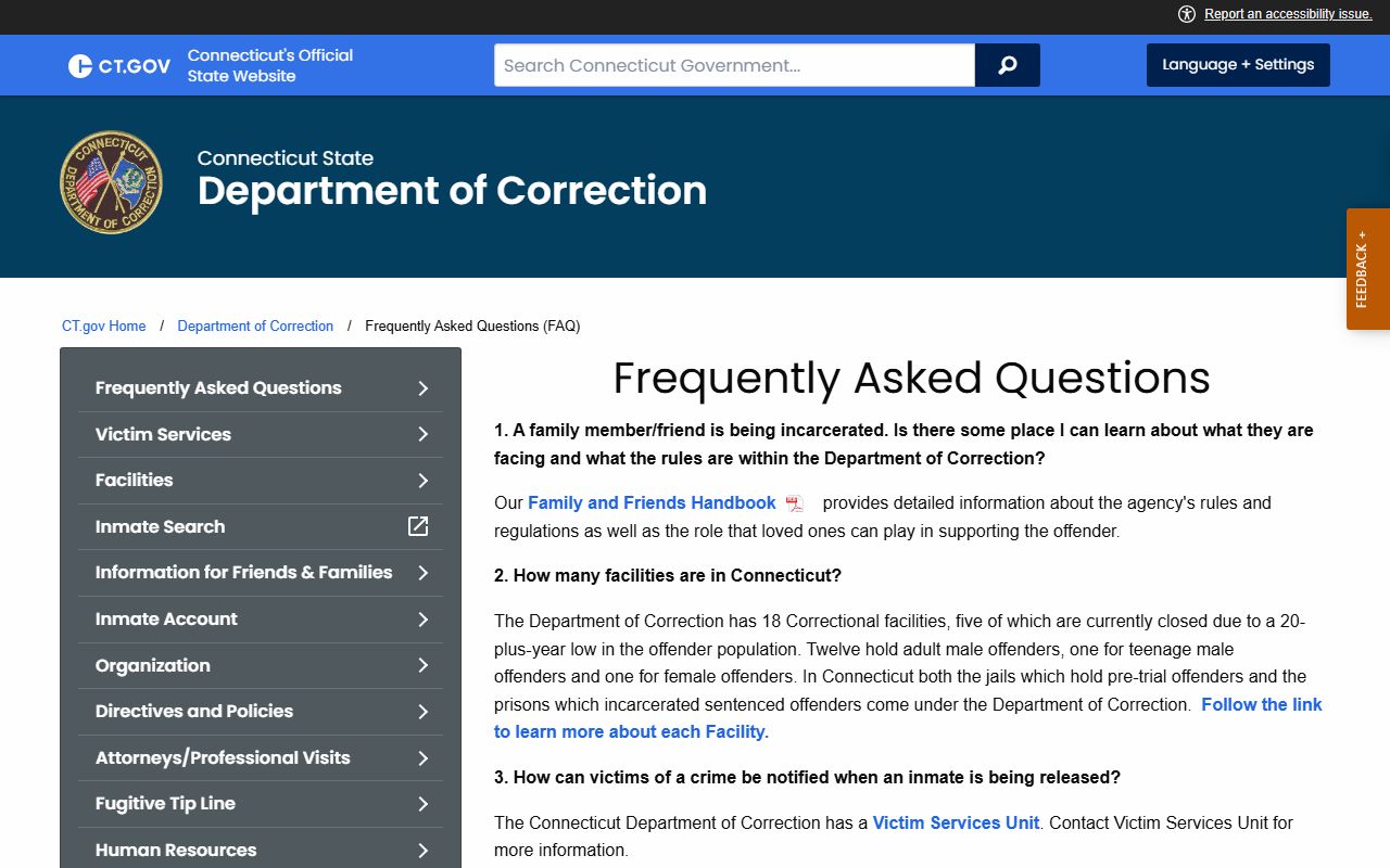 Connecticut DOC FAQ showing the unified jail and prison system that holds the Hartford County inmate population