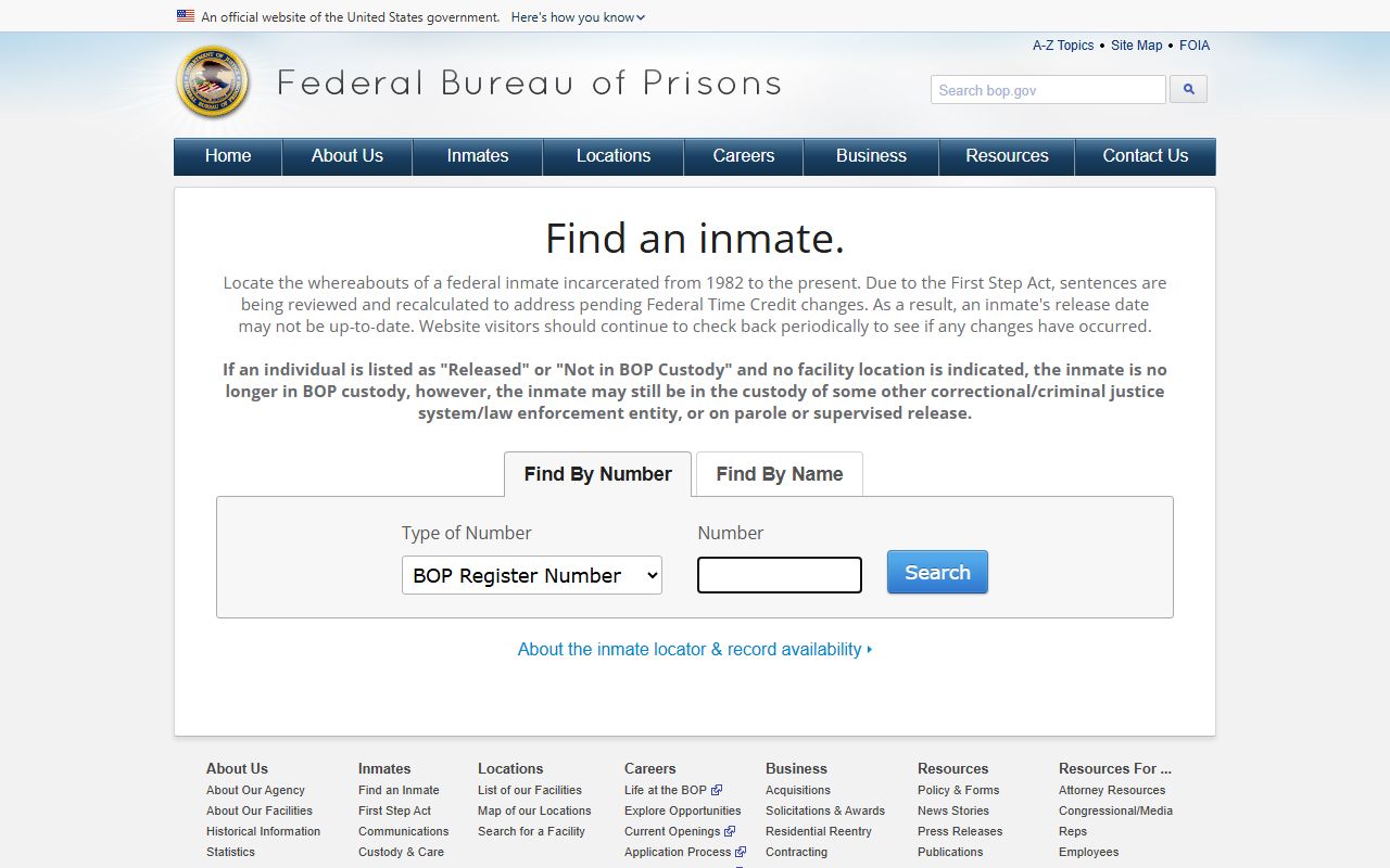 Federal Bureau of Prisons inmate locator used as a Hartford County fallback for federal custody