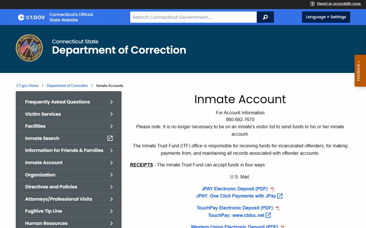 Connecticut DOC Inmate Trust Fund deposit page for sending money to a MacDougall-Walker inmate in Hartford County
