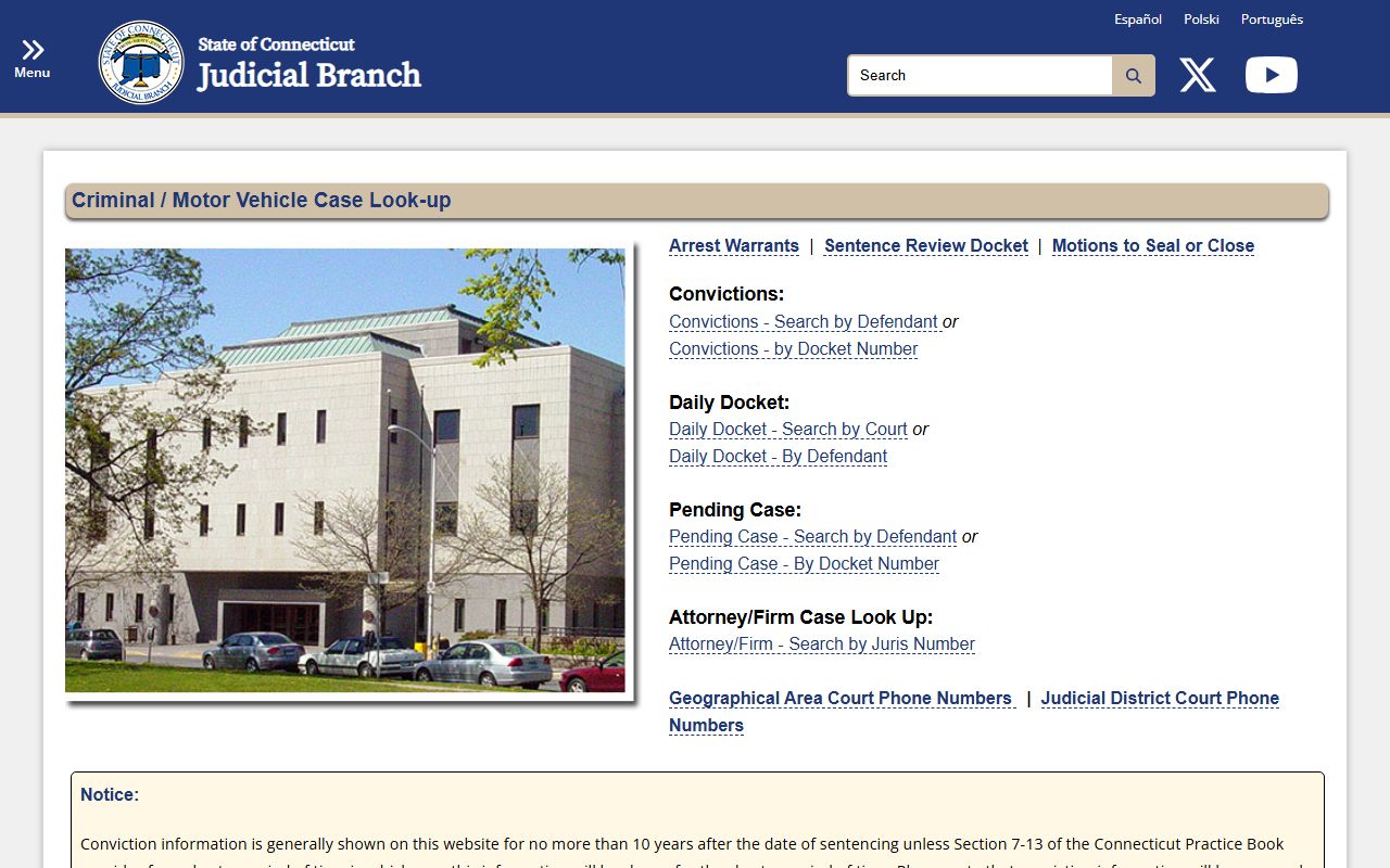 Connecticut Judicial Branch criminal and motor vehicle case lookup for Hartford County court records after an arrest