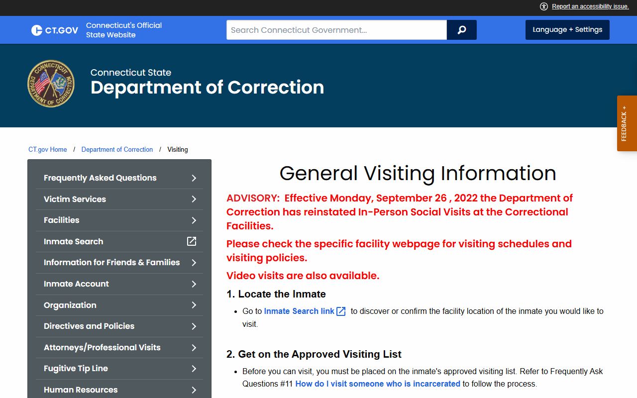 Statewide DOC visiting process rules for Hartford Correctional Center inmate visits