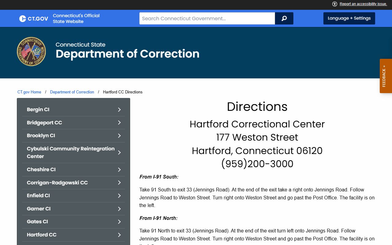 DOC driving directions to Hartford Correctional Center in Hartford County