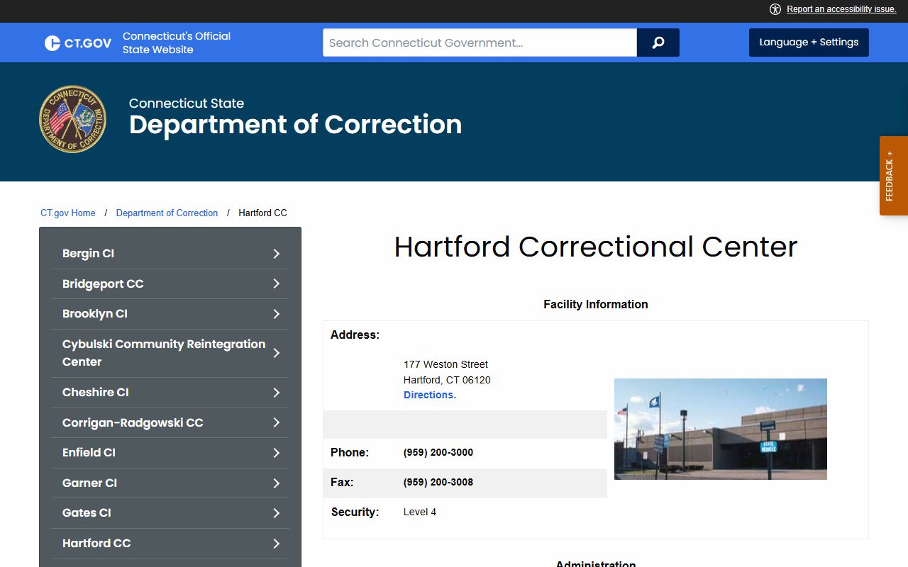 Official Hartford Correctional Center page used to verify the Hartford County inmate population and facility details