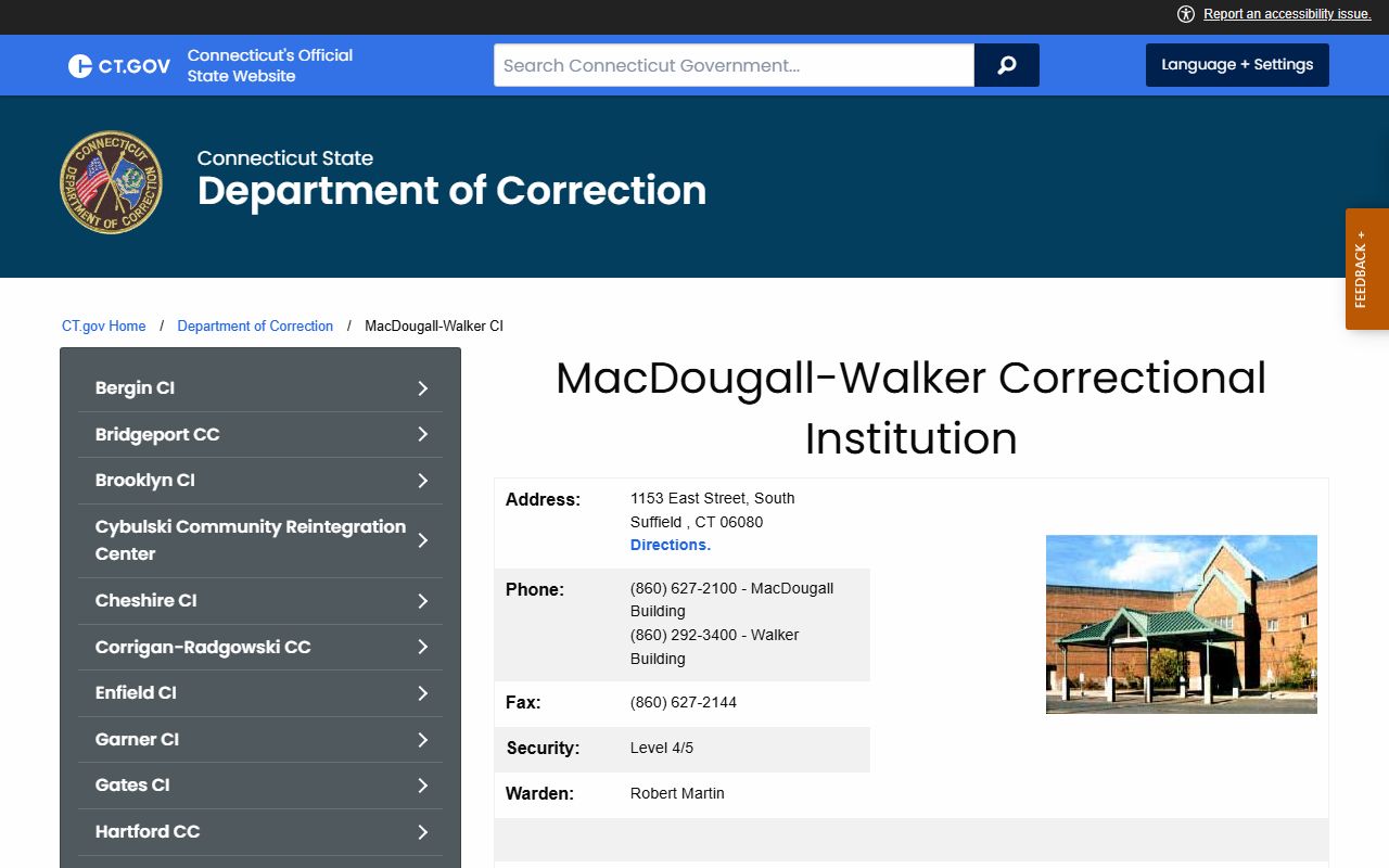 Official Connecticut DOC MacDougall-Walker Correctional Institution facility page for Hartford County inmate lookup