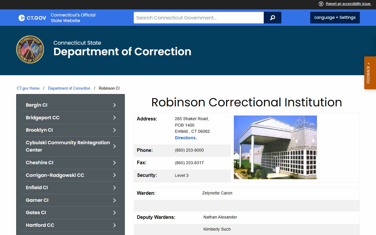 Official Connecticut DOC page for Robinson Correctional Institution in Hartford County showing inmate facility details